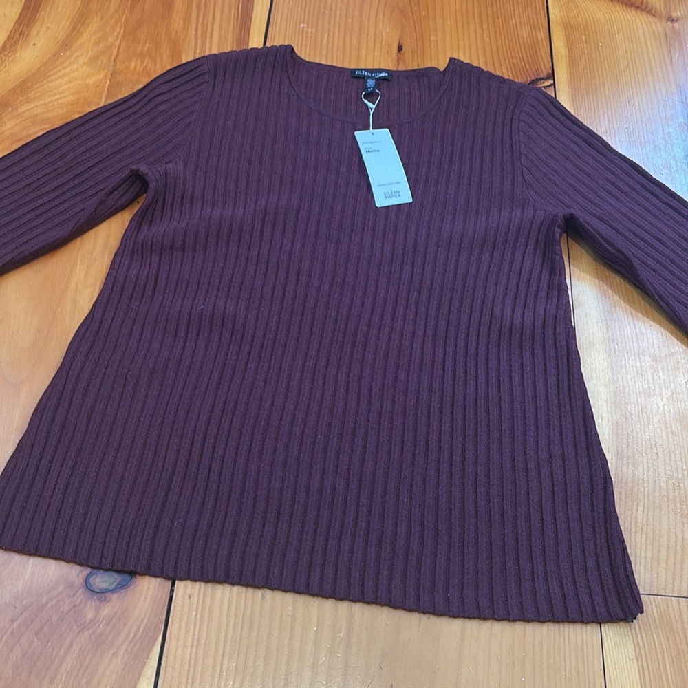 New! EILEEN FISHER S Claret Fine Merino Ribbed Sweater 100% Merino Wool 3/4 Slv